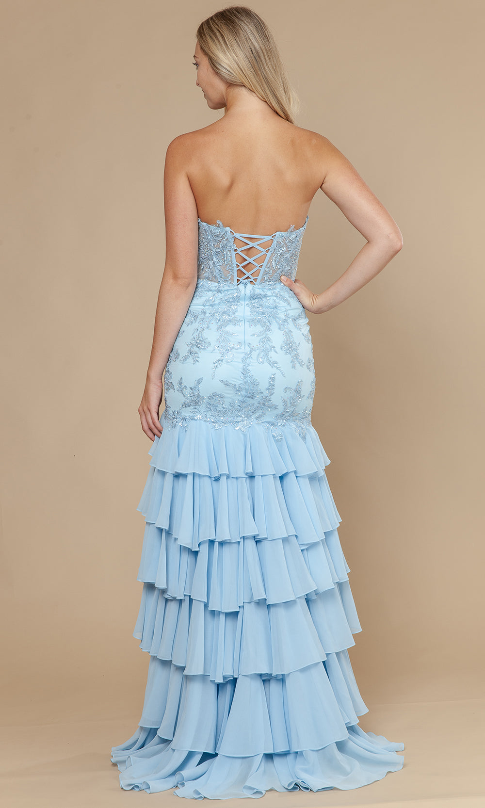 Blue Straight-Across Floor-Length Mesh Prom Gown with Embroidered Illusion Corset and Tiered Skirt Poly USA 25066
