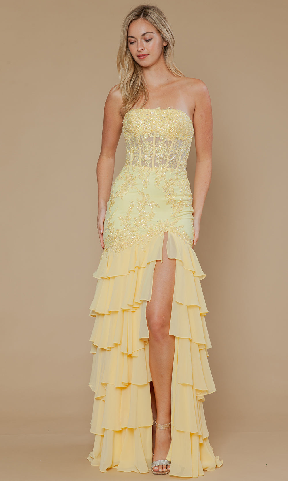 Yellow Straight-Across Floor-Length Mesh Prom Gown with Embroidered Illusion Corset and Tiered Skirt Poly USA 25066