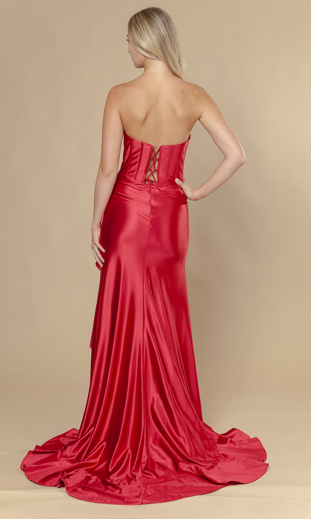 Red Straight-Neck Floor-Length Satin Formal Gown with Ruffled High Slit Poly USA 25106