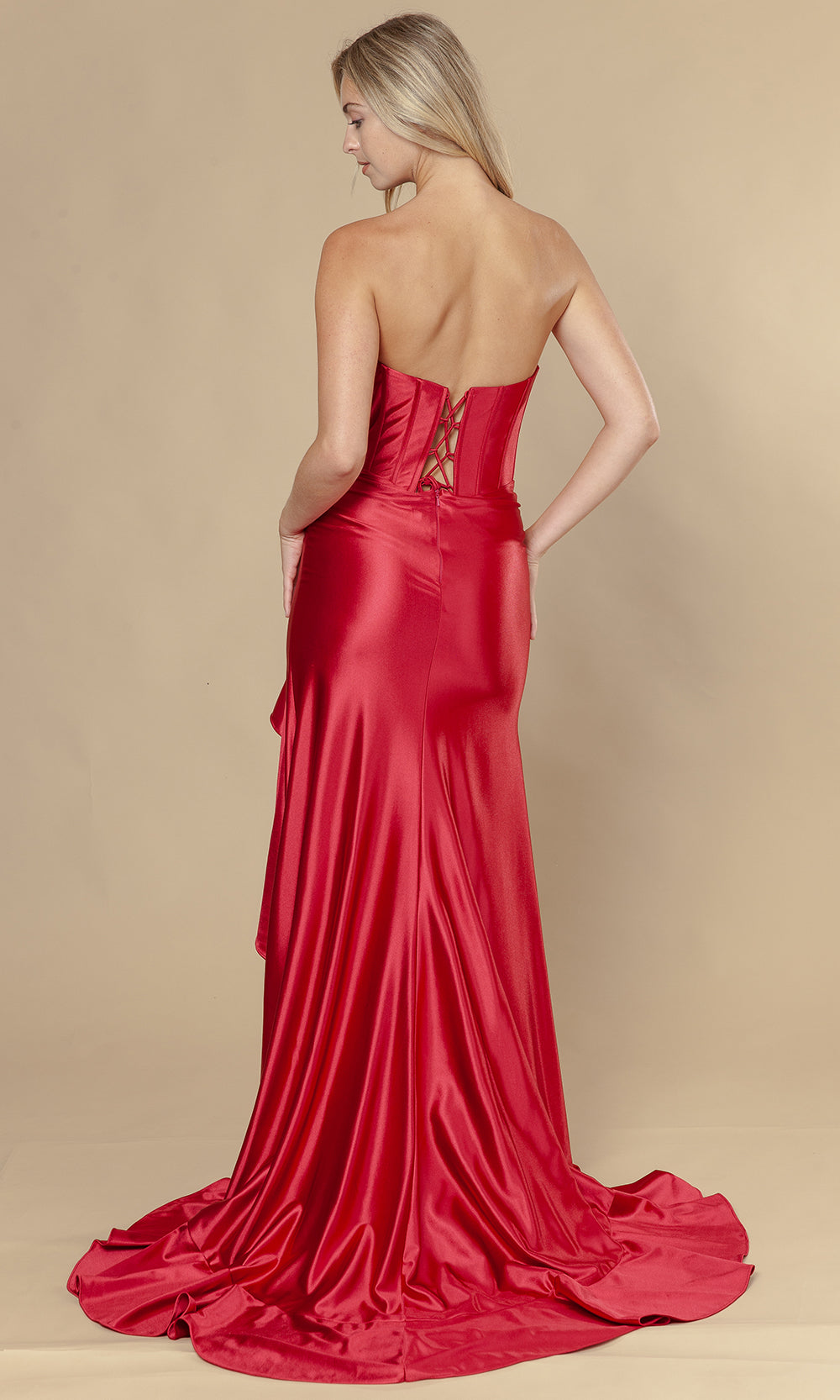 Red Straight-Neck Floor-Length Satin Formal Gown with Ruffled High Slit Poly USA 25106