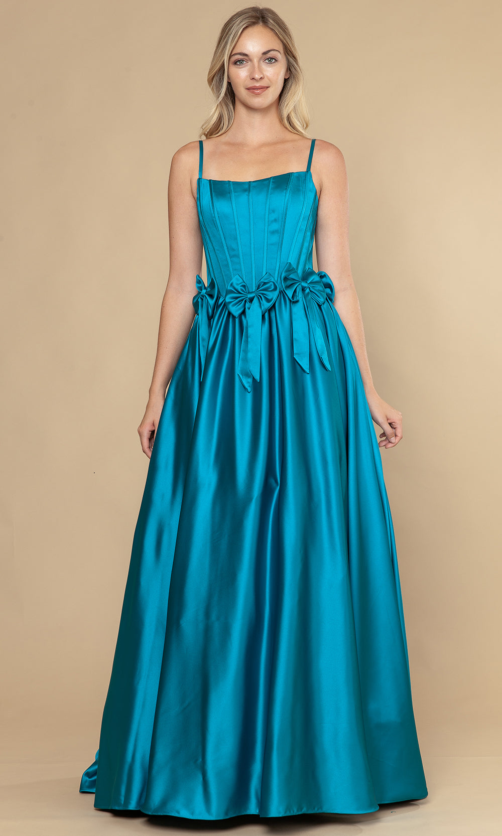 Teal Square Neckline Floor-Length Satin Prom Gown with Bow Accents and Full Gathered Skirt Poly USA 25116