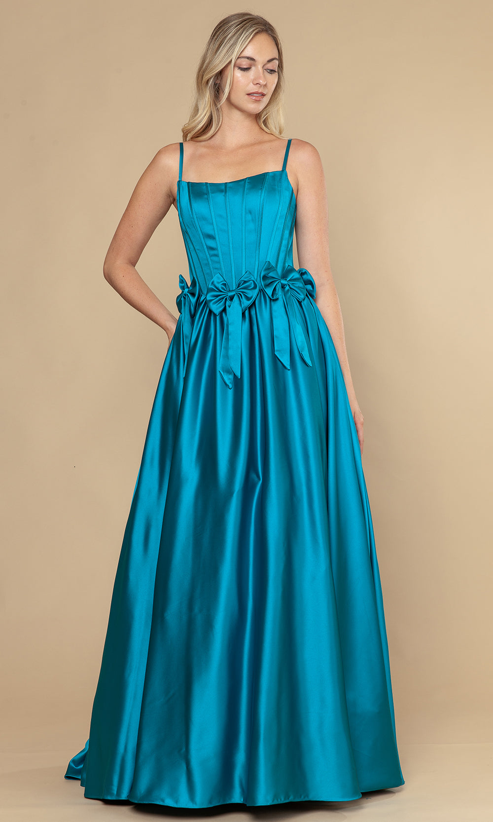 Teal Square Neckline Floor-Length Satin Prom Gown with Bow Accents and Full Gathered Skirt Poly USA 25116