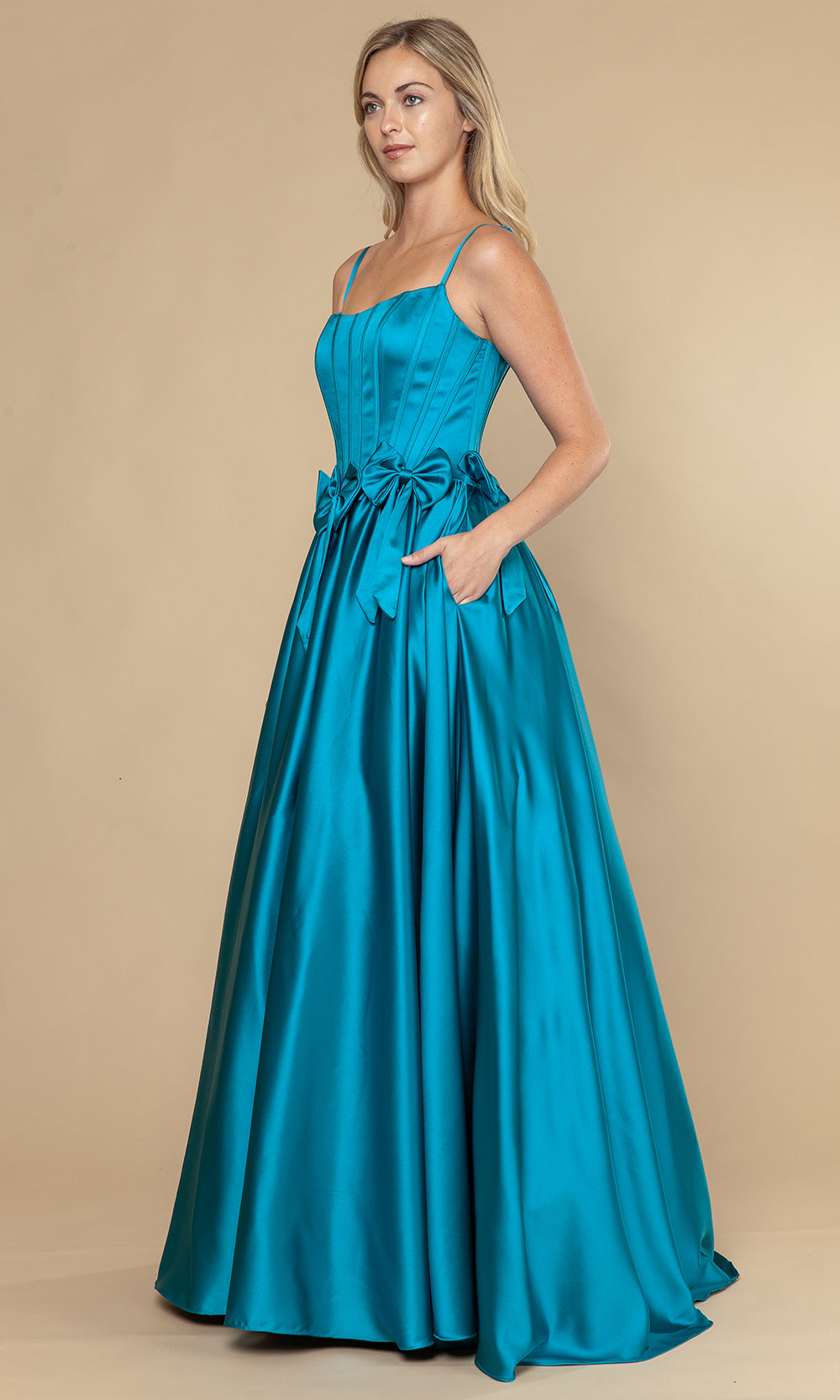 Teal Square Neckline Floor-Length Satin Prom Gown with Bow Accents and Full Gathered Skirt Poly USA 25116