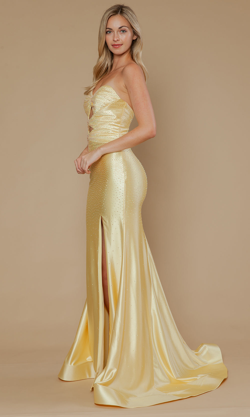 Yellow Sweetheart Floor-Length Span Satin Prom Gown Cutouts Poly USA 25118