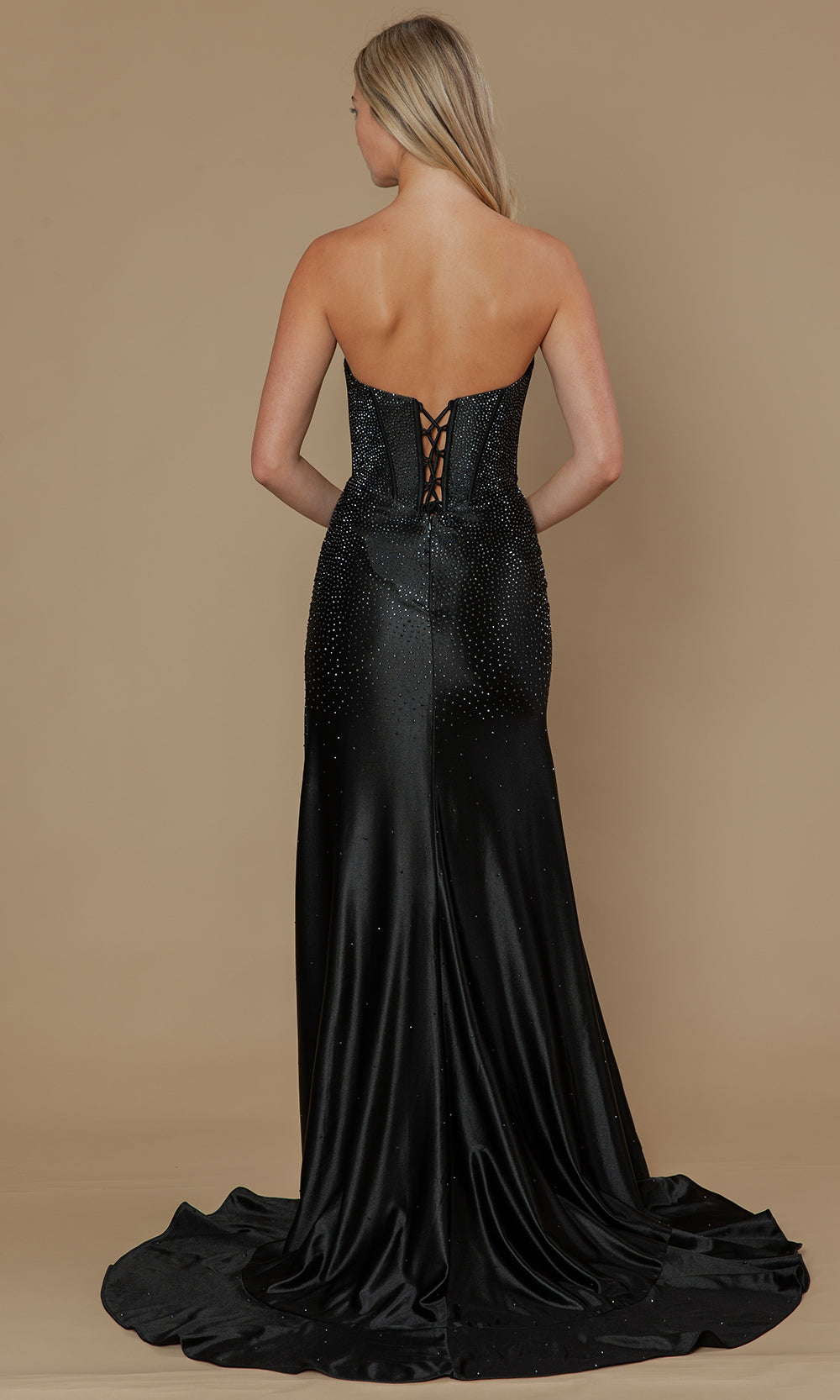 Black Straight-Across High-Low Span Satin Prom Sheath Gown with Exposed Boning Poly USA 25120