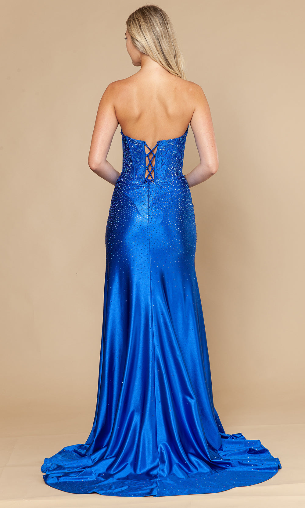 Royal Straight-Across High-Low Span Satin Prom Sheath Gown with Exposed Boning Poly USA 25120