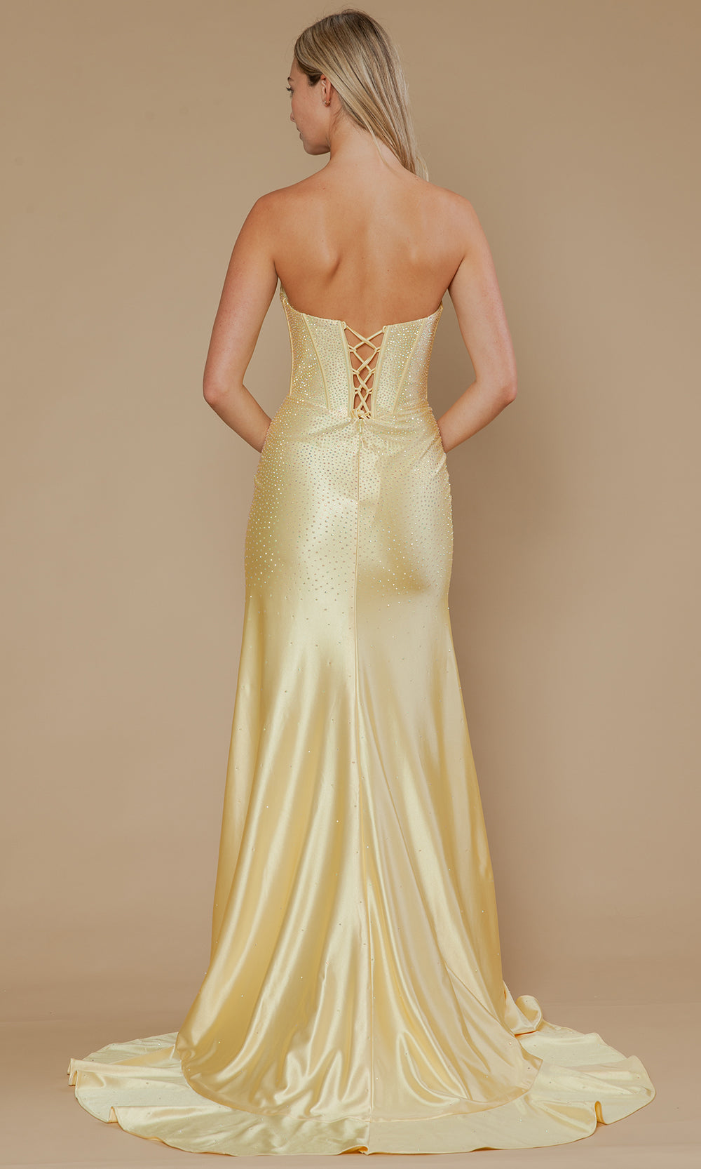 Yellow Straight-Across High-Low Span Satin Prom Sheath Gown with Exposed Boning Poly USA 25120
