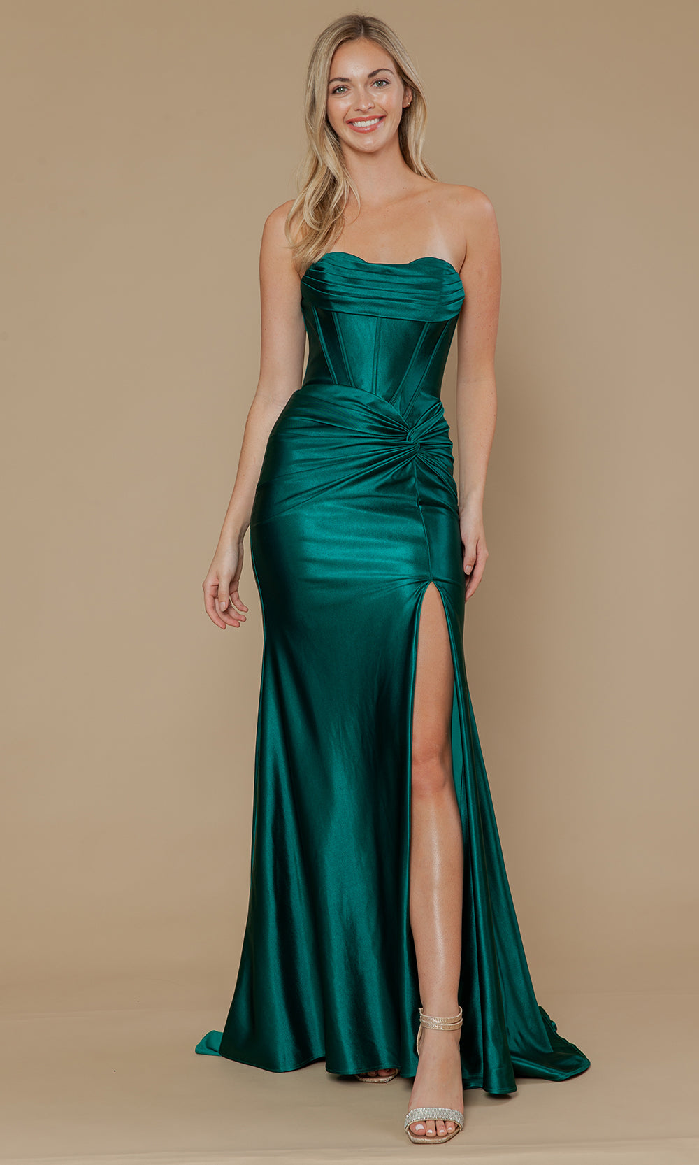 Emerald Sweetheart Floor-Length Poly Span Satin Formal Gown with Corset Bodice Poly USA 25124