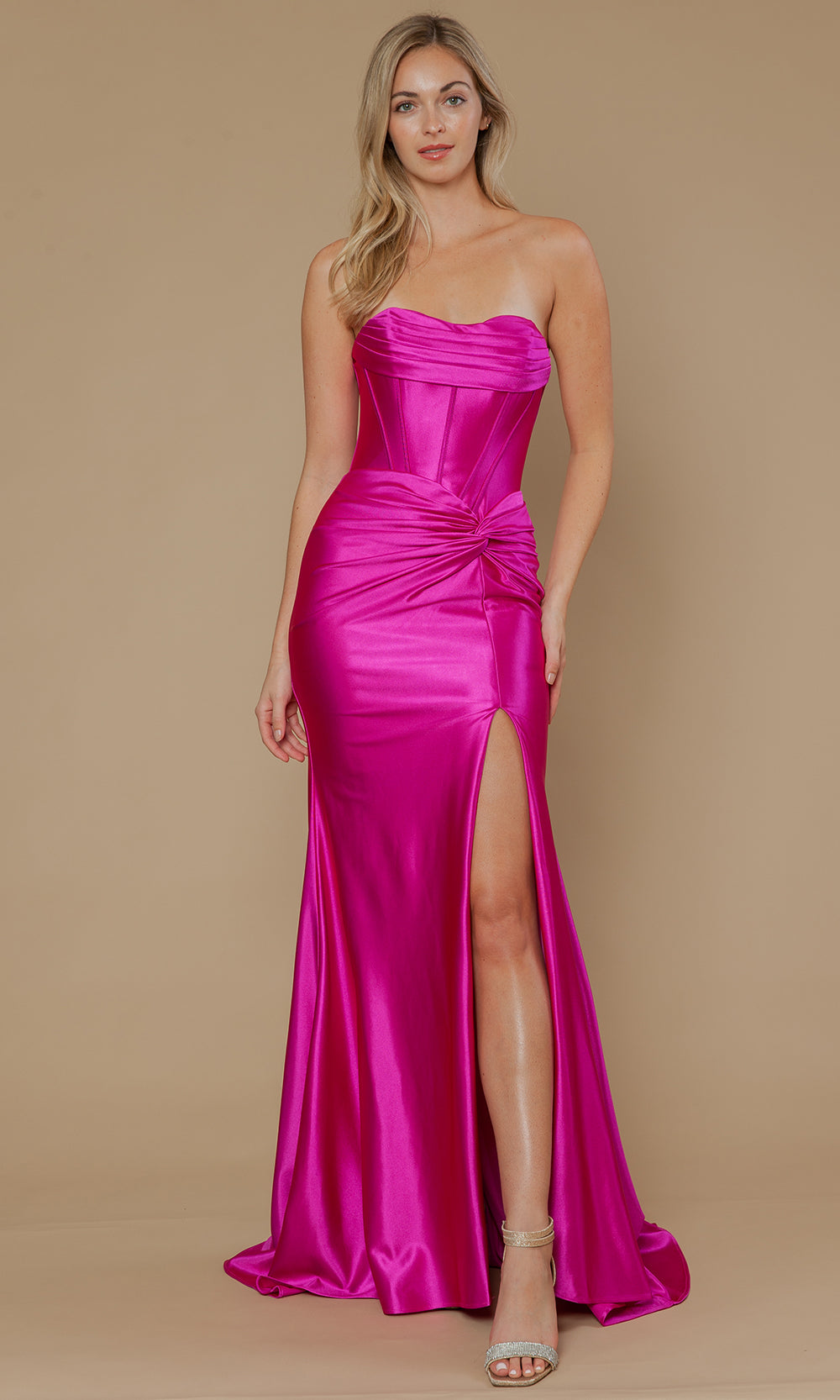 Magenta Sweetheart Floor-Length Poly Span Satin Formal Gown with Corset Bodice Poly USA 25124