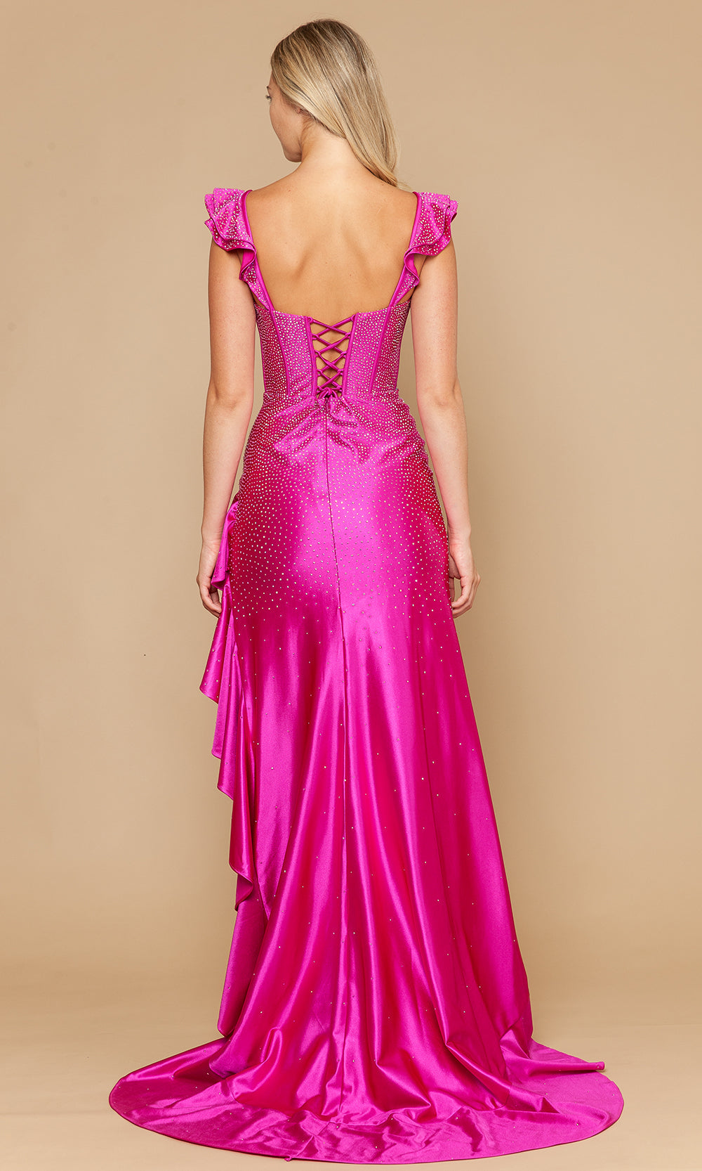 Magenta Sweetheart Floor-Length Jersey Prom Dress with Ruffle Straps and Slit Poly USA 25126