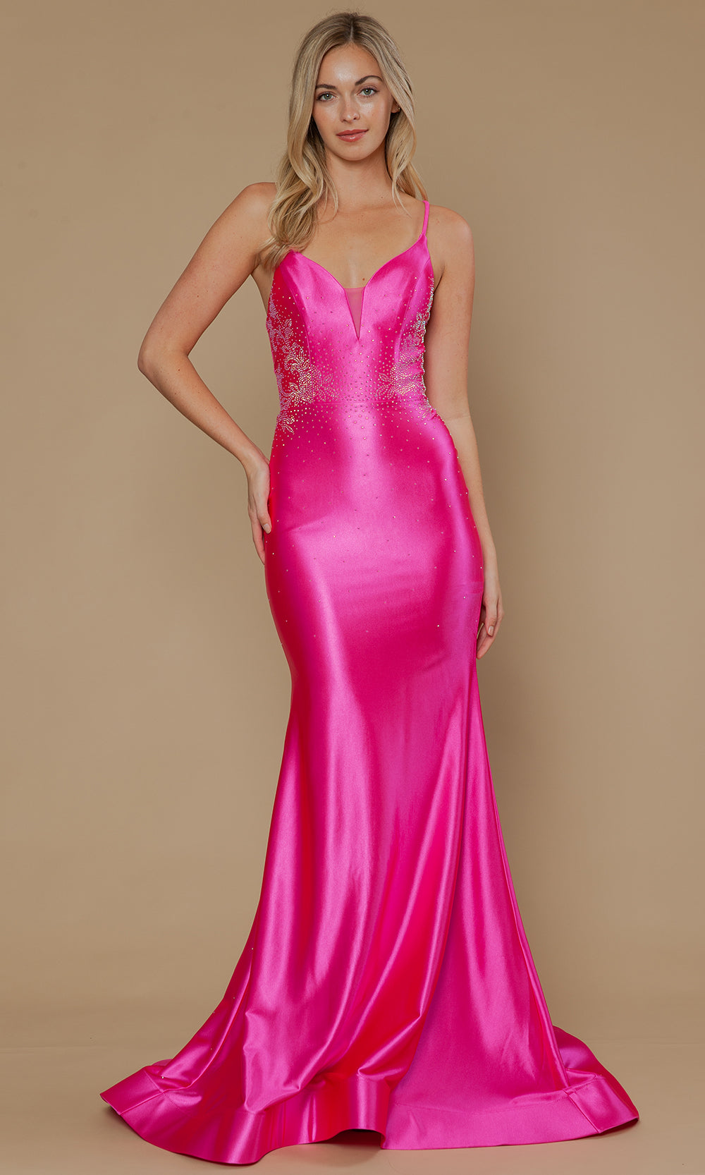 Hot Pink Plunging V-Neck Floor-Length Poly Span Satin Prom Gown with Rhinestone Embroidery Poly USA 25128