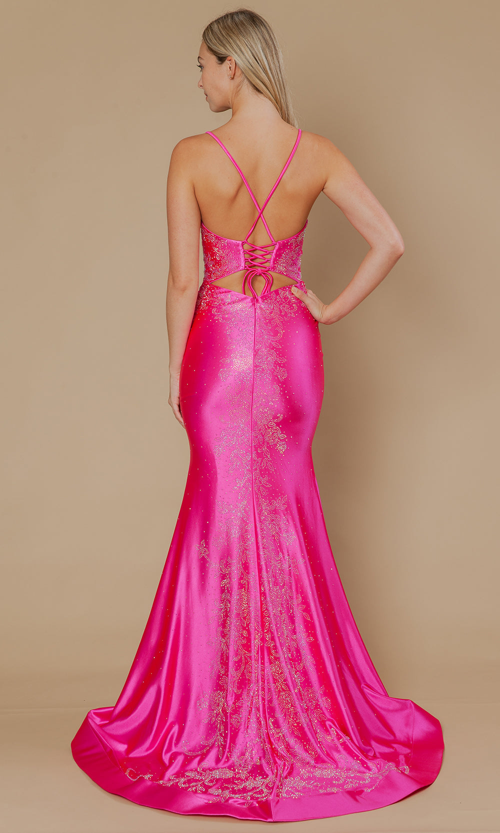 Hot Pink Plunging V-Neck Floor-Length Poly Span Satin Prom Gown with Rhinestone Embroidery Poly USA 25128