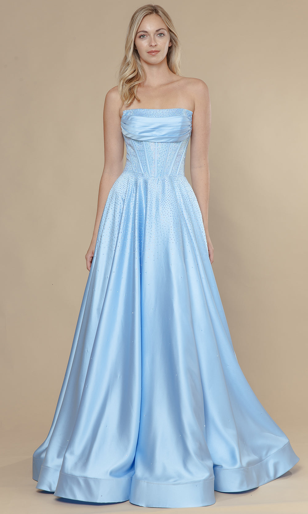 Blue Straight Across Floor-Length Span Satin Prom Dress Rhinestone Embellishments Poly USA 25132