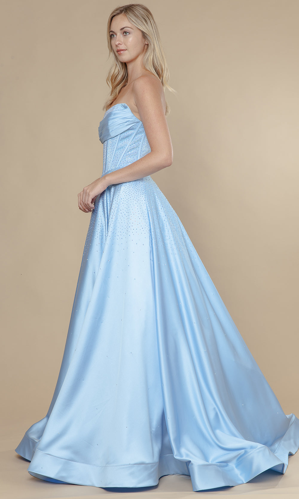 Blue Straight Across Floor-Length Span Satin Prom Dress Rhinestone Embellishments Poly USA 25132