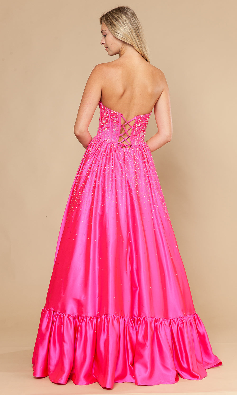 Hot Pink Straight-Across Floor-Length Rhinestone Accent Prom Gown with Illusion Corset Bodice Poly USA 25134