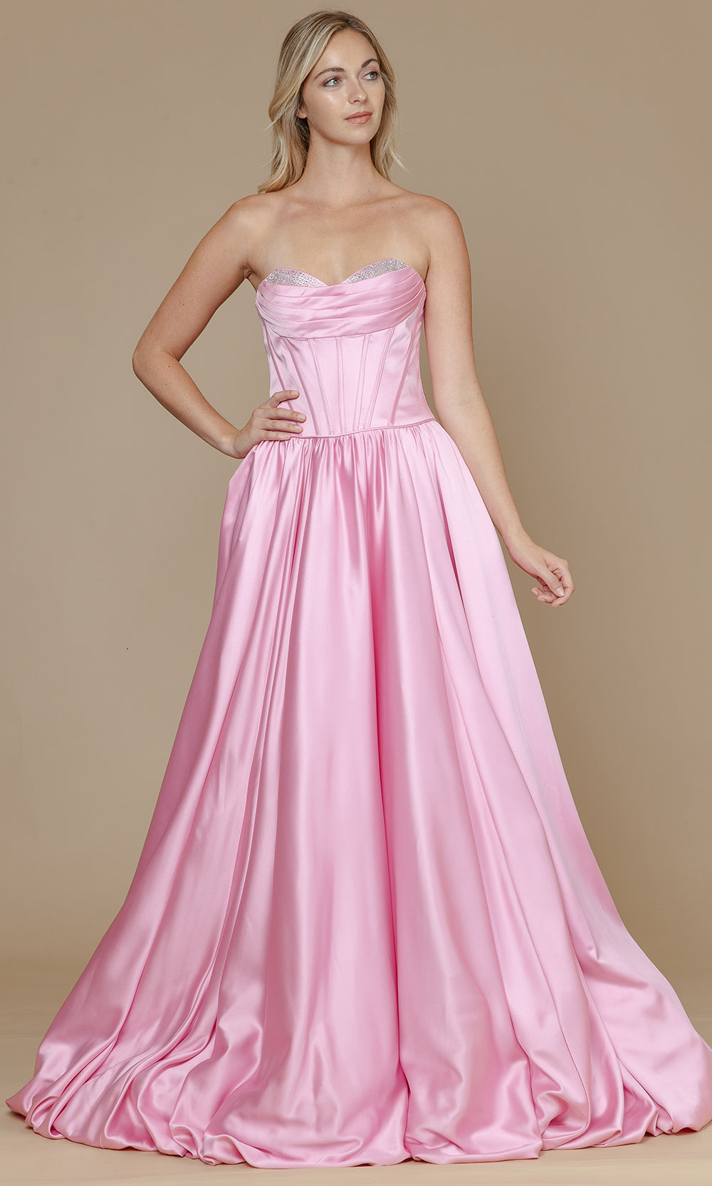 Pink Sweetheart Floor-Length Satin Prom Gown with Corset Back and Pockets Poly USA 25136