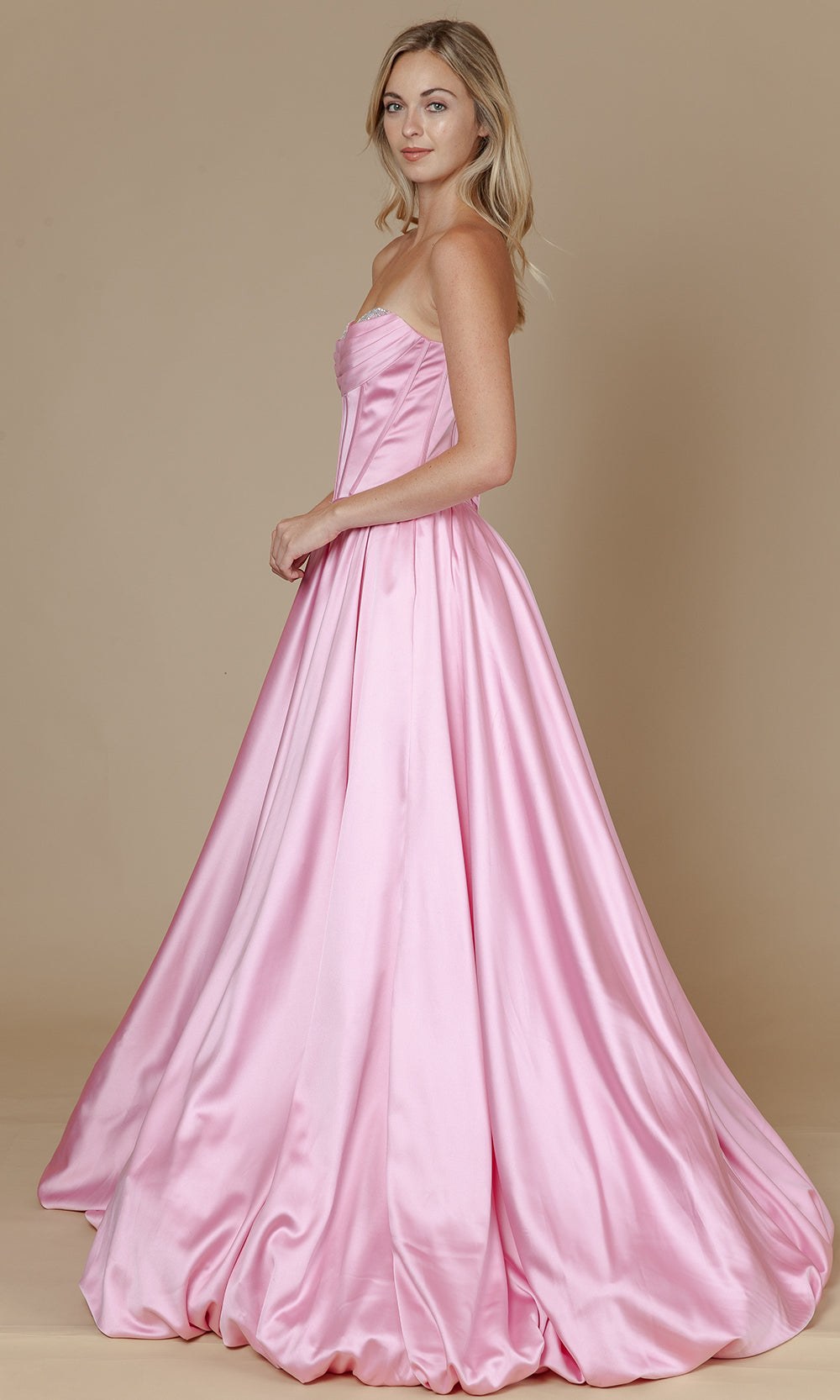 Pink Sweetheart Floor-Length Satin Prom Gown with Corset Back and Pockets Poly USA 25136