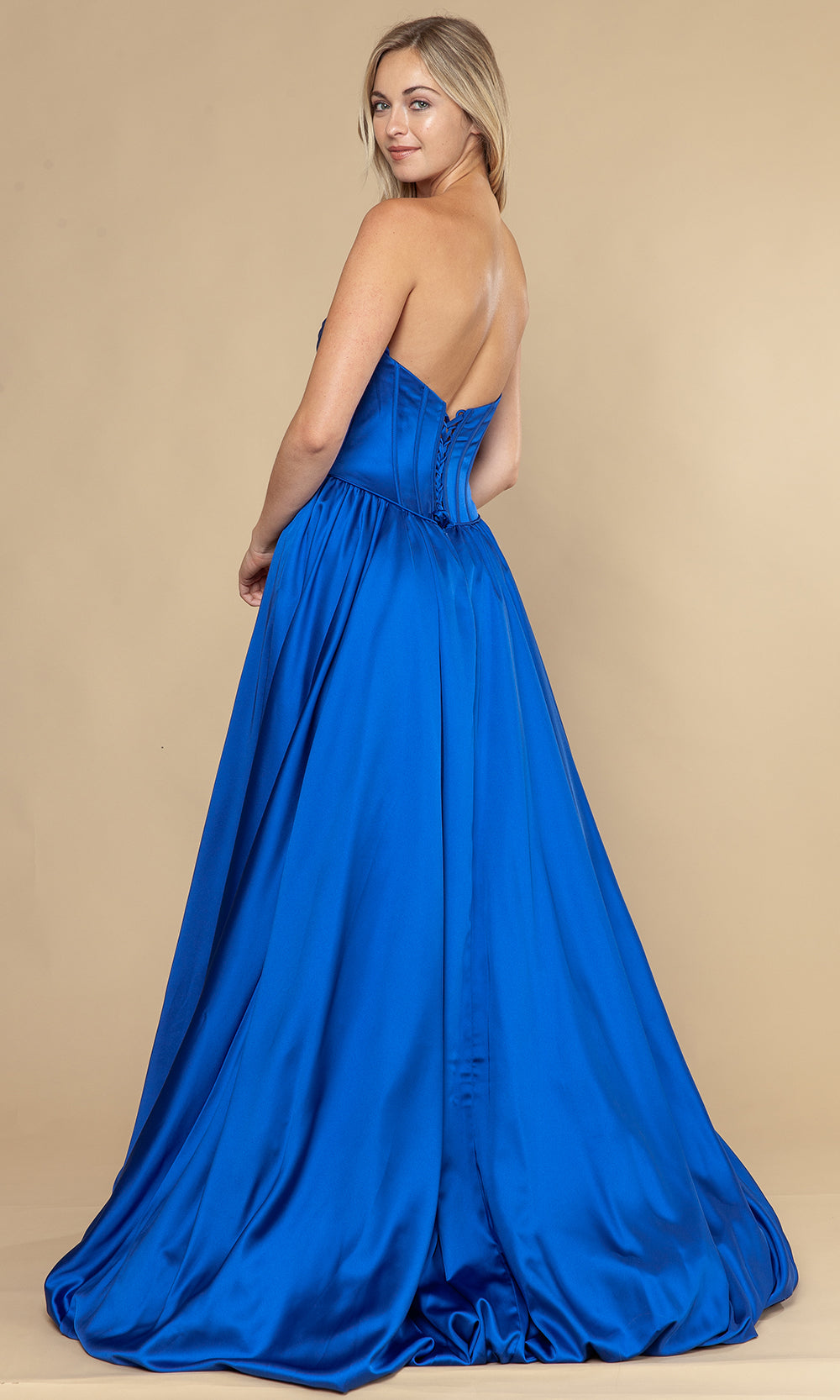 Royal Sweetheart Floor-Length Satin Prom Gown with Corset Back and Pockets Poly USA 25136