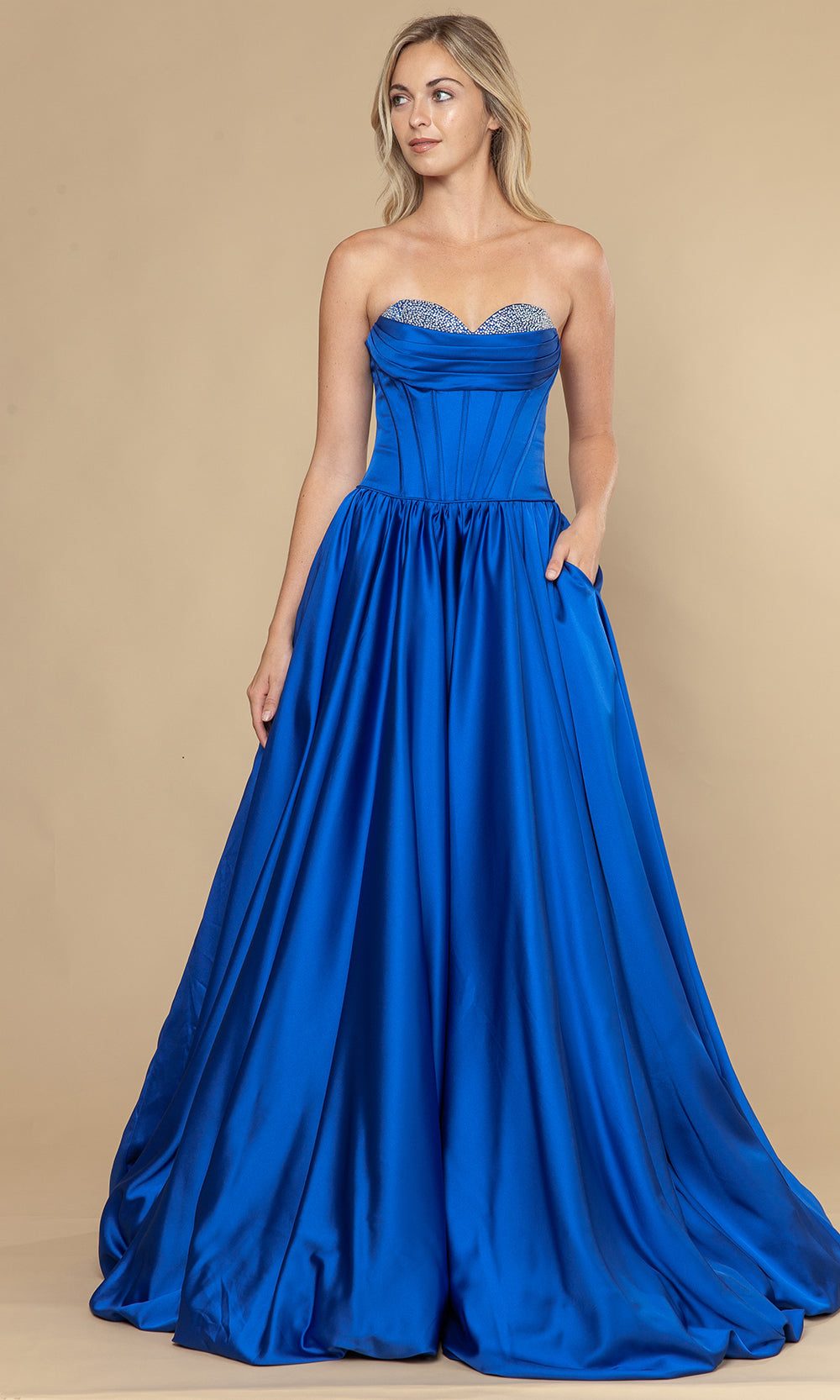 Royal Sweetheart Floor-Length Satin Prom Gown with Corset Back and Pockets Poly USA 25136