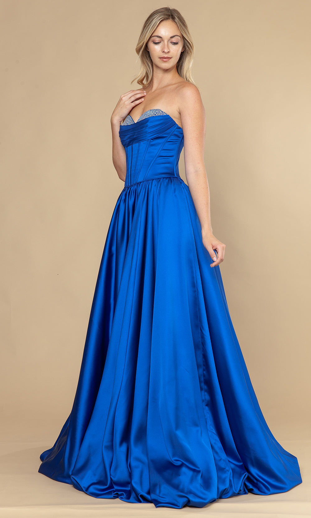 Royal Sweetheart Floor-Length Satin Prom Gown with Corset Back and Pockets Poly USA 25136