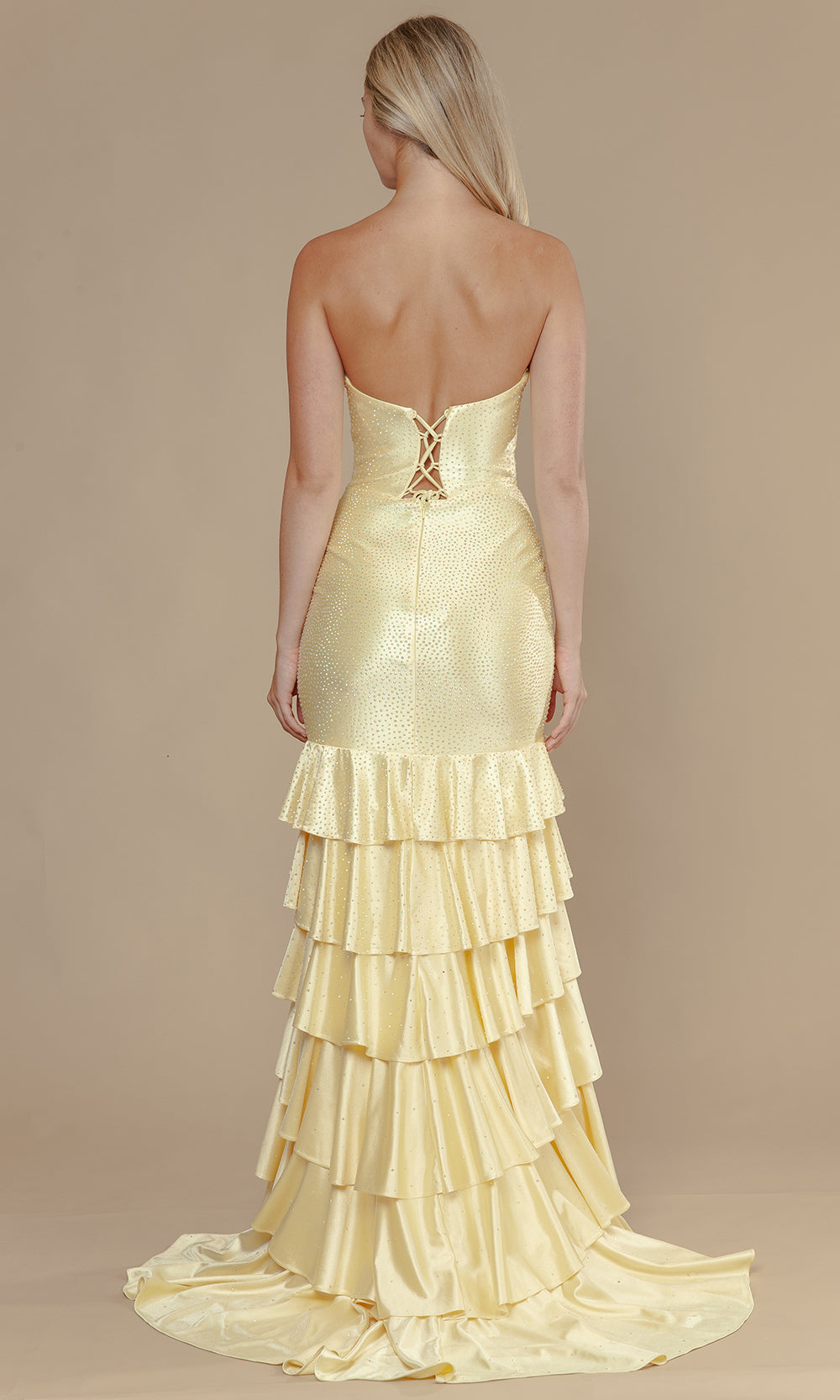 Yellow Sweetheart Floor-Length Span Satin Trumpet Gown with Tiered Ruffles and Cutouts Poly USA 25158
