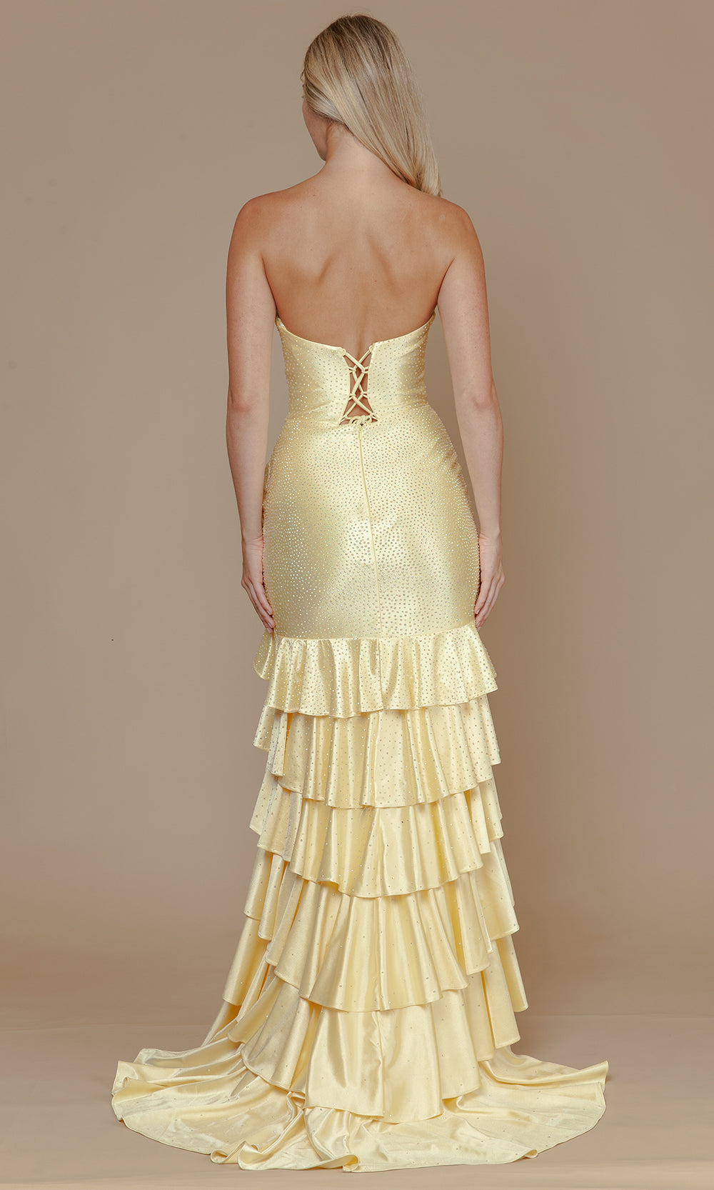 Yellow Sweetheart Floor-Length Span Satin Trumpet Gown with Tiered Ruffles and Cutouts Poly USA 25158
