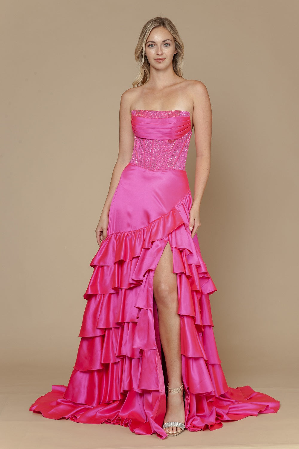 Strapless Straight Neck Floor-Length with Train Satin Prom A-Line Poly USA 25162