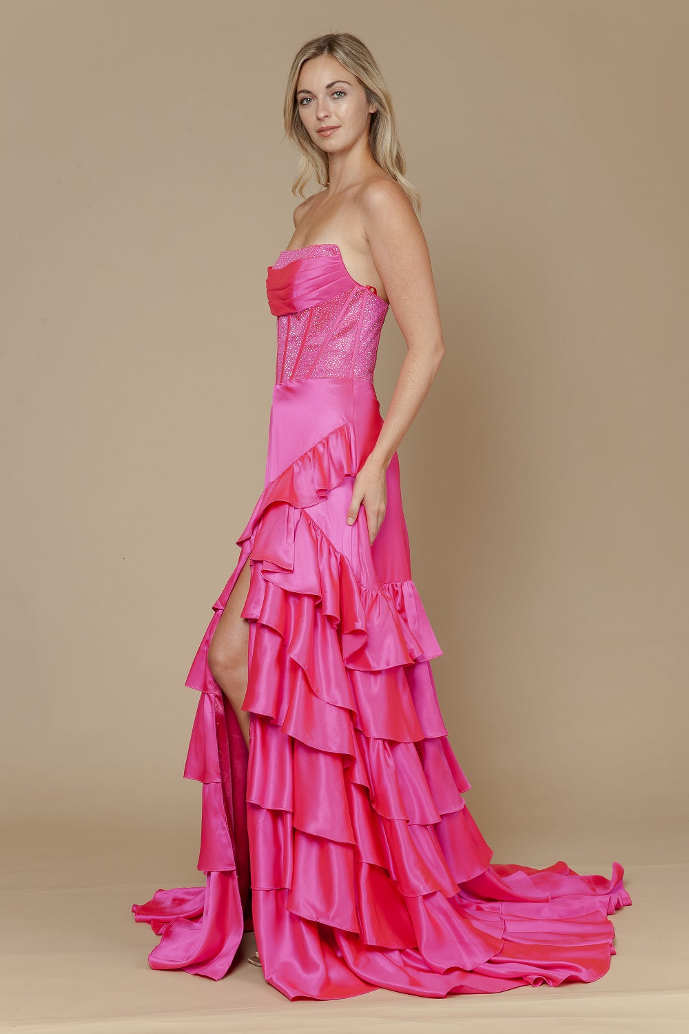 Strapless Straight Neck Floor-Length with Train Satin Prom A-Line Poly USA 25162