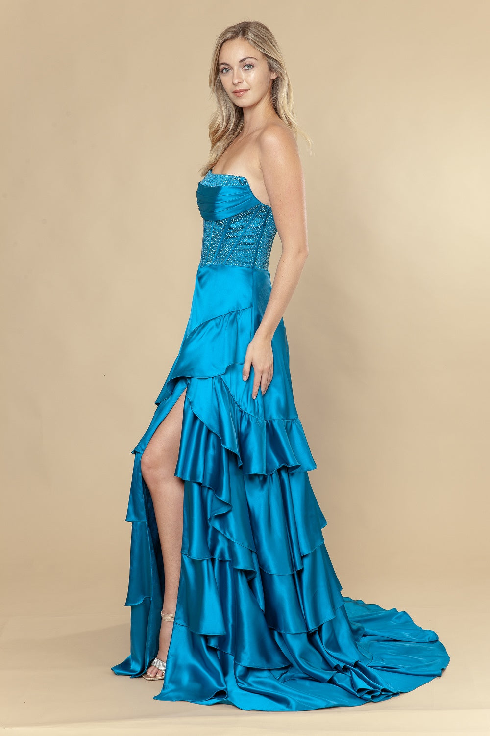 Strapless Straight Neck Floor-Length with Train Satin Prom A-Line Poly USA 25162