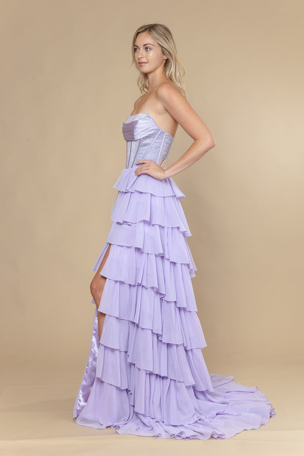 Strapless Straight Neck Floor-Length with Train Chiffon Prom A-Line Poly USA 25168