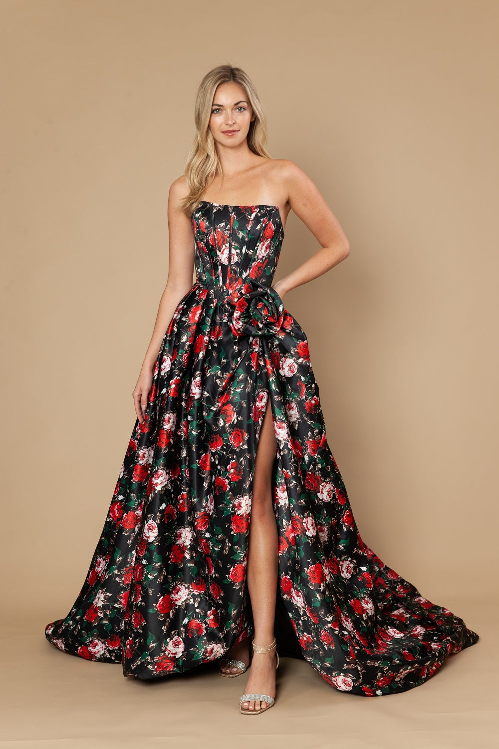 Strapless Straight Neck Floor-Length with Train Satin Prom Ball Gown Poly USA 25188