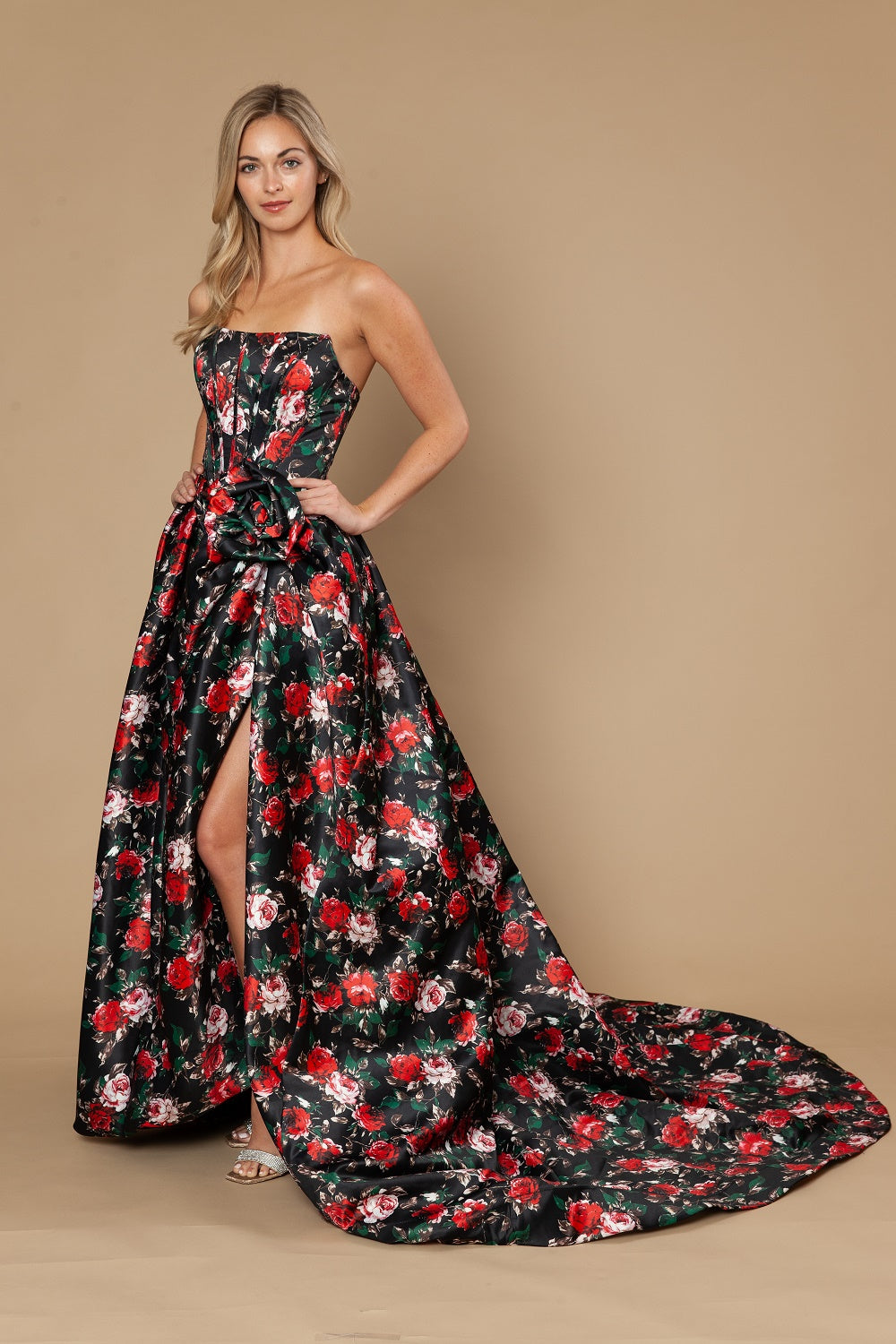 Strapless Straight Neck Floor-Length with Train Satin Prom Ball Gown Poly USA 25188