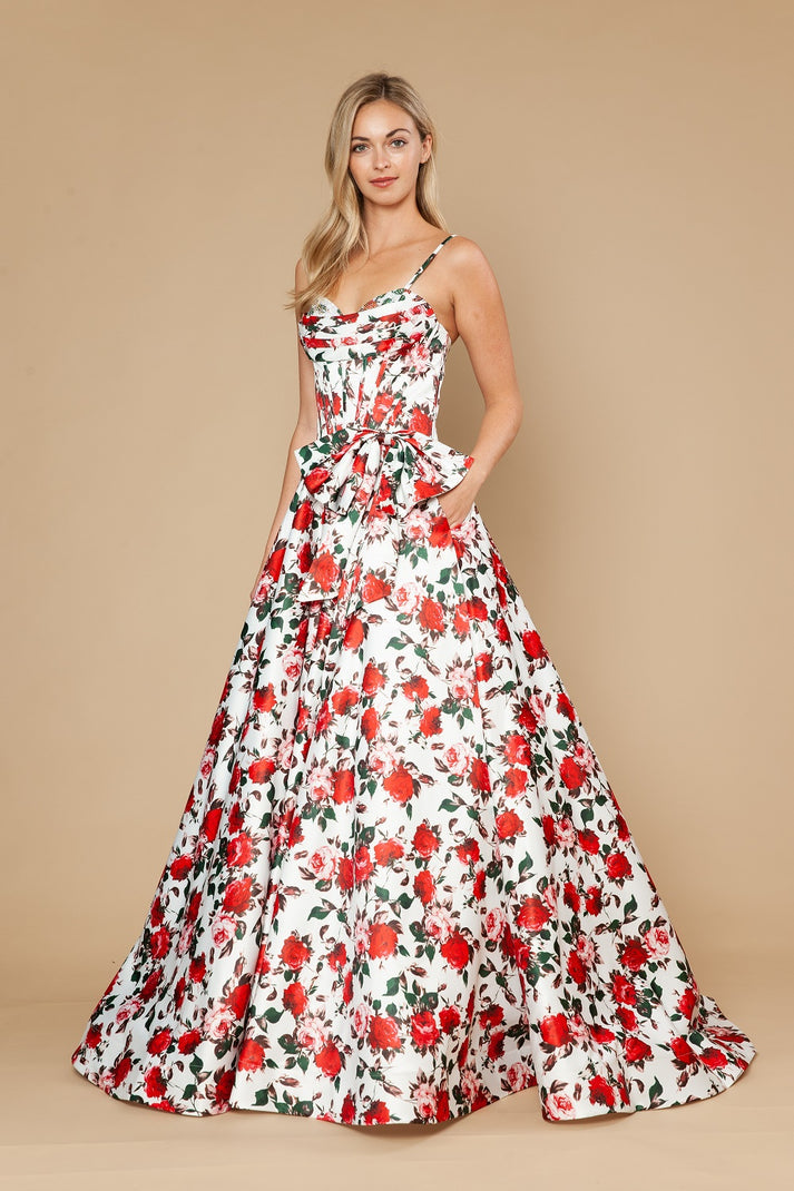 Off White Sweetheart Floor-Length Floral Satin Prom Gown Bow Waist Poly USA 25190