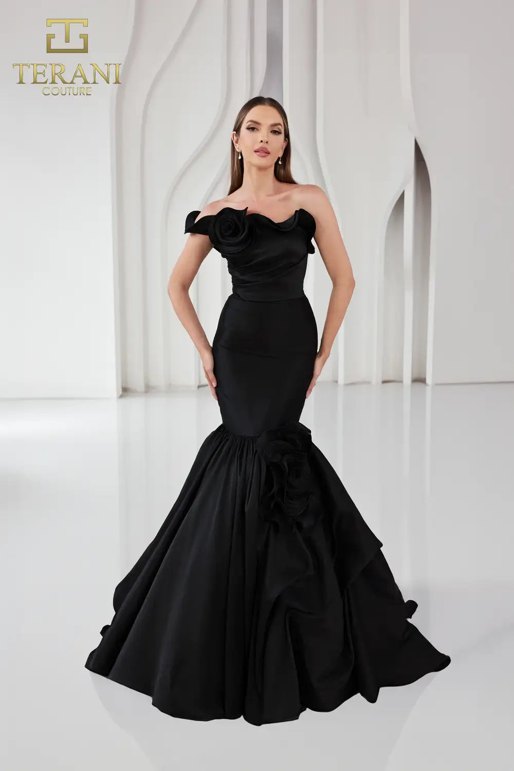 Black Terani Couture 251E4272 Long Fitted 3D Floral Prom Formal Dress