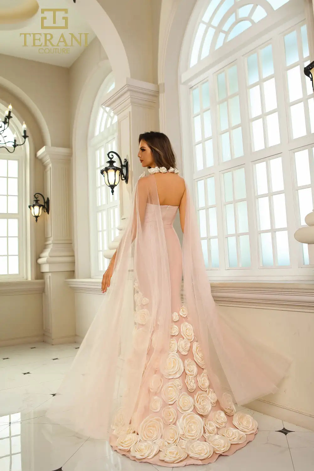 Formal Dresses Long 3D Floral Applique Detachable Cape Formal Dress Blush Ivory