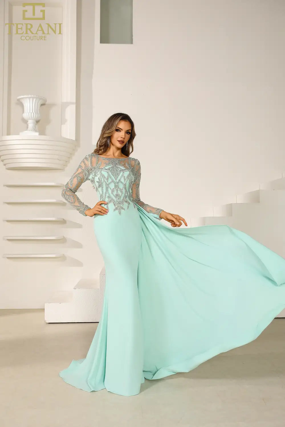 Formal Dresses Long Sleeve Formal Beaded Applique Evening Dress Sage