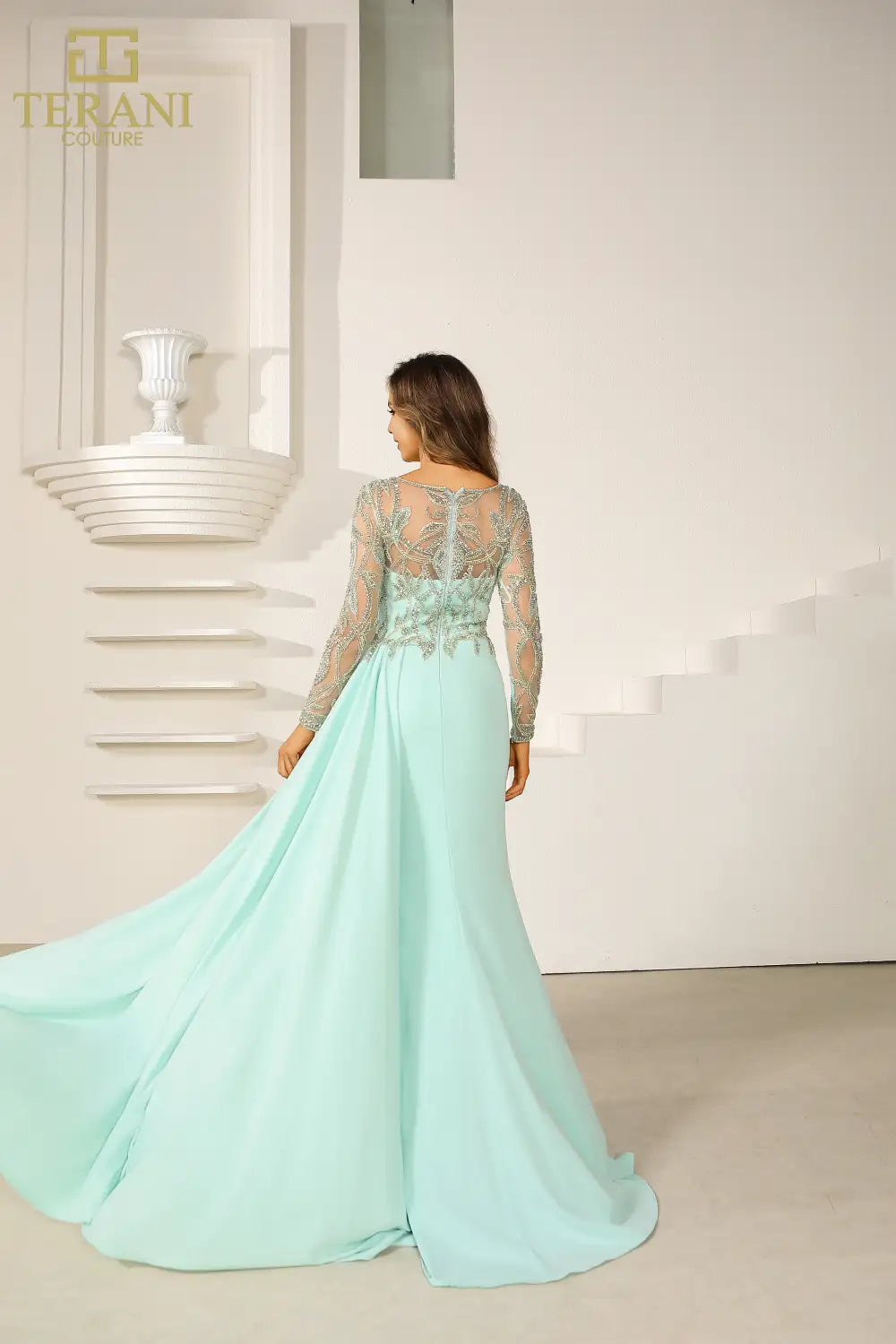 Formal Dresses Long Sleeve Formal Beaded Applique Evening Dress Sage