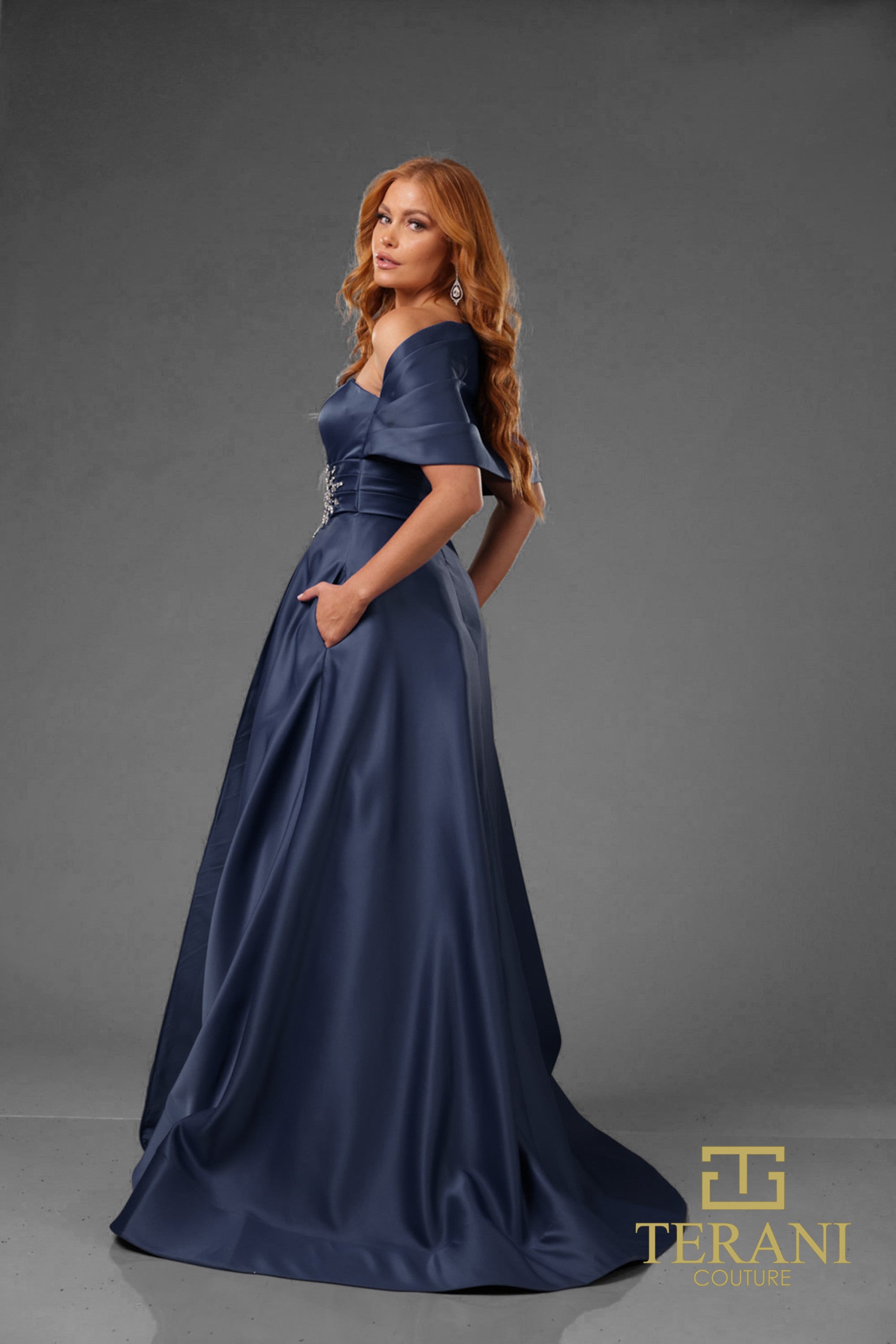 Formal Dresses Pleated Long Formal Beaded Evening Dress Navy