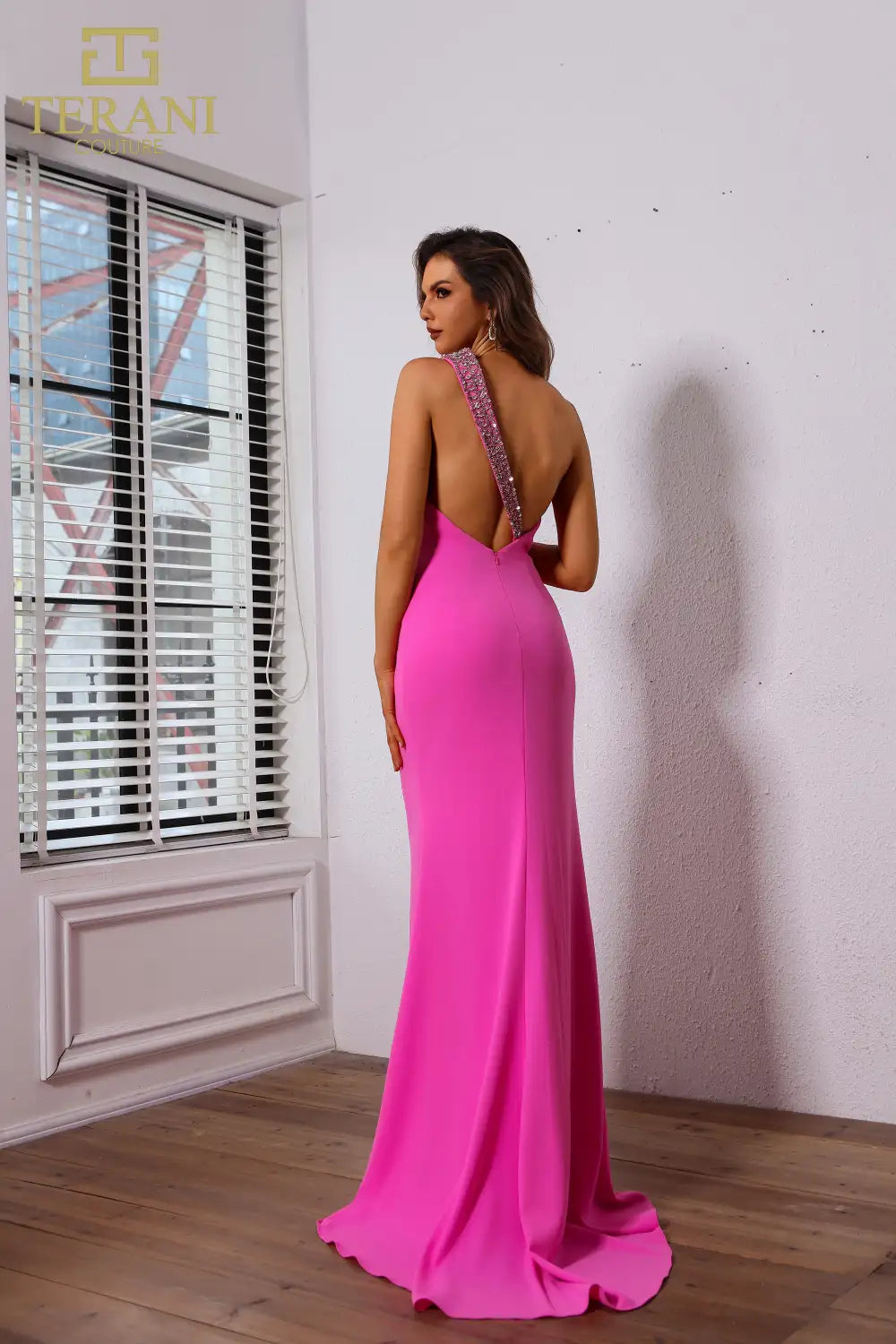 Prom Dresses Beaded Slit Long Formal Fitted Prom Dress Hot Pink