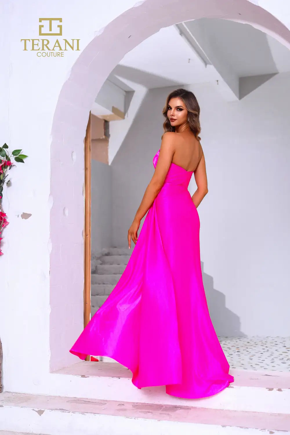 Prom Dresses Bead Slit Long Formal Metallic Prom Dress Neon Pink