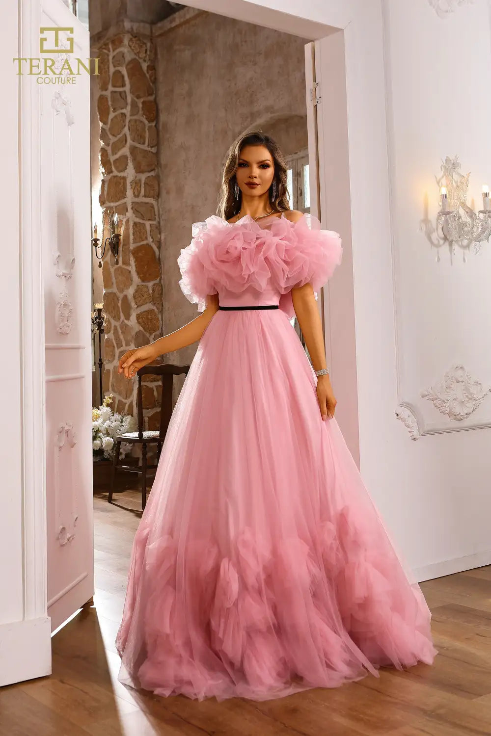 Prom Dresses Ruffle Long Formal Prom Dress Pink Rose