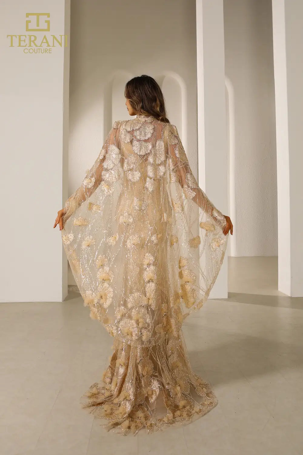Formal Dresses Fitted Long Formal Beaded 3D Floral Evening Cape Dress Light Gold