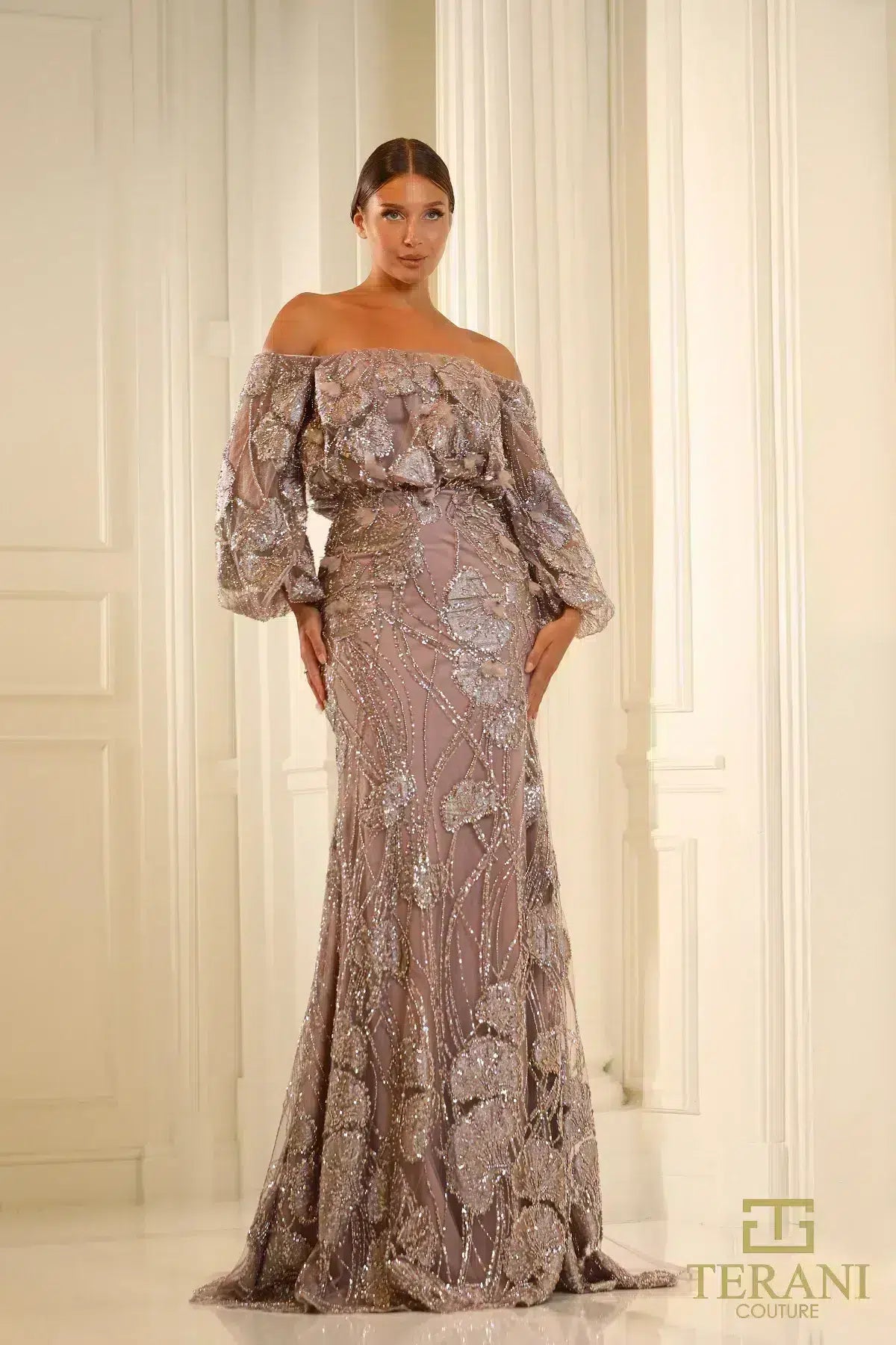 Formal Dresses Long Formal Beaded Puff Sleeve Evening Dress Mauve