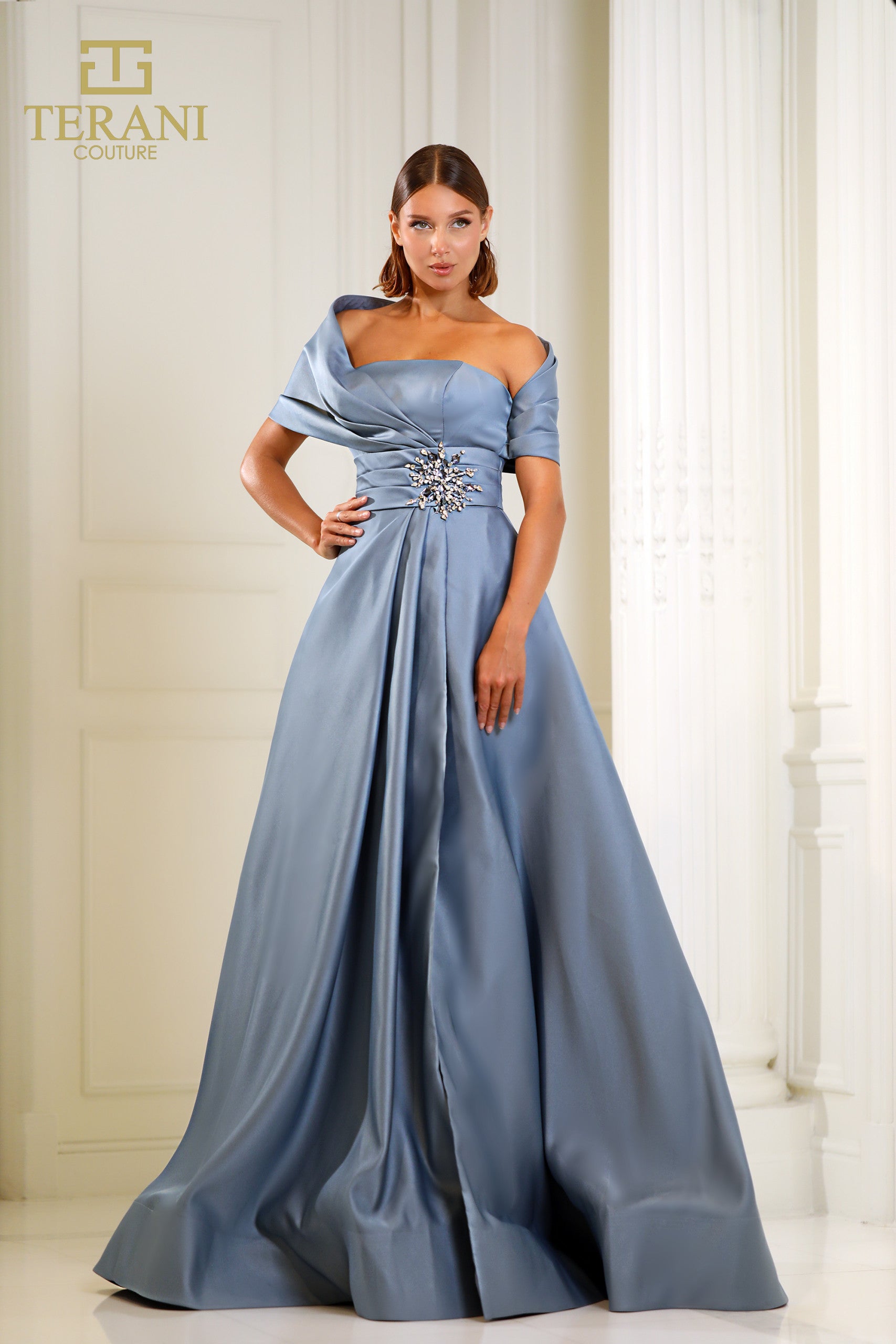 Formal Dresses Pleated Long Formal Beaded Evening Dress Slate