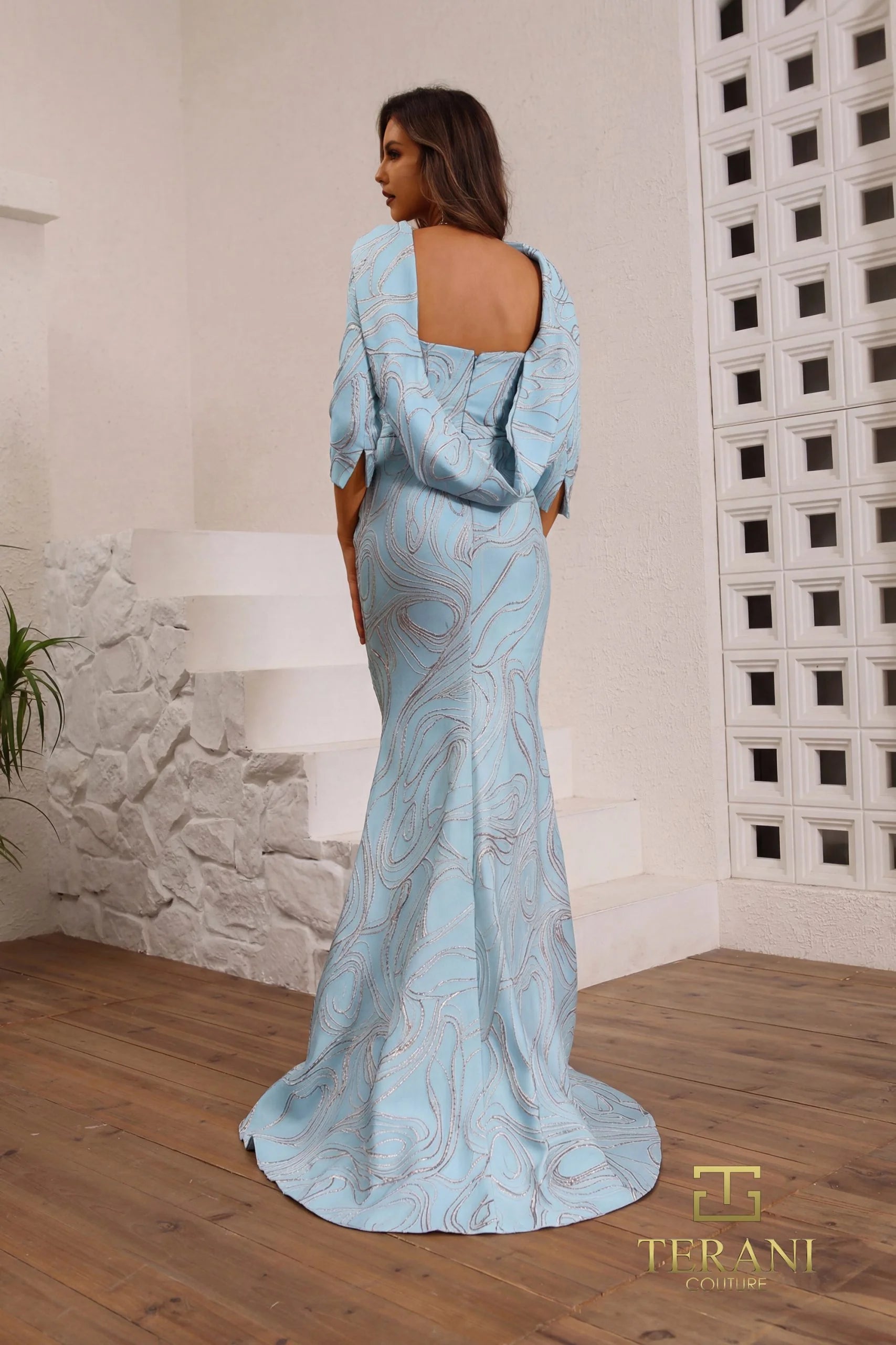 Terani Couture 251M4455 Long Fitted 3D Floral Evening Formal Dress Blue