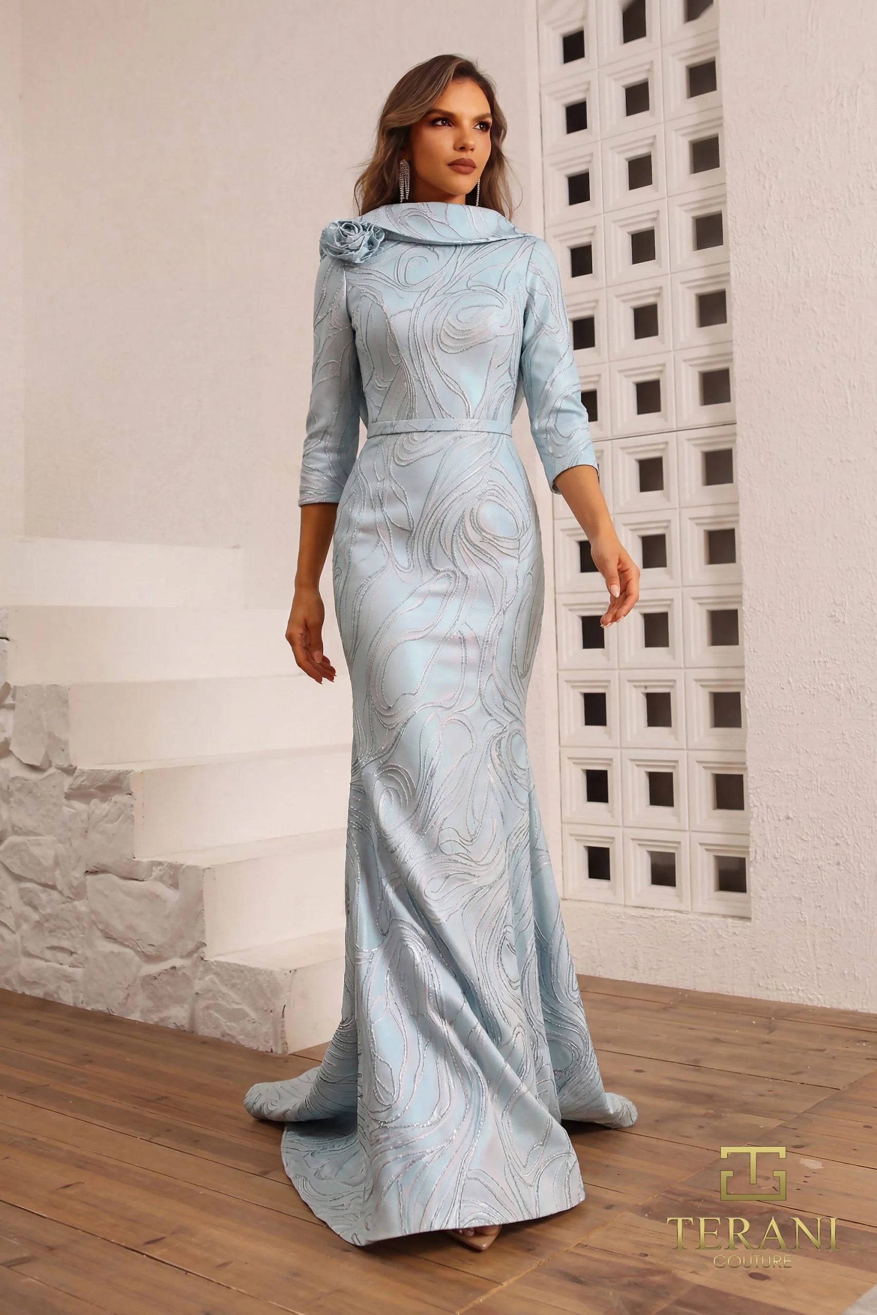 Terani Couture 251M4455 Long Fitted 3D Floral Evening Formal Dress Blue