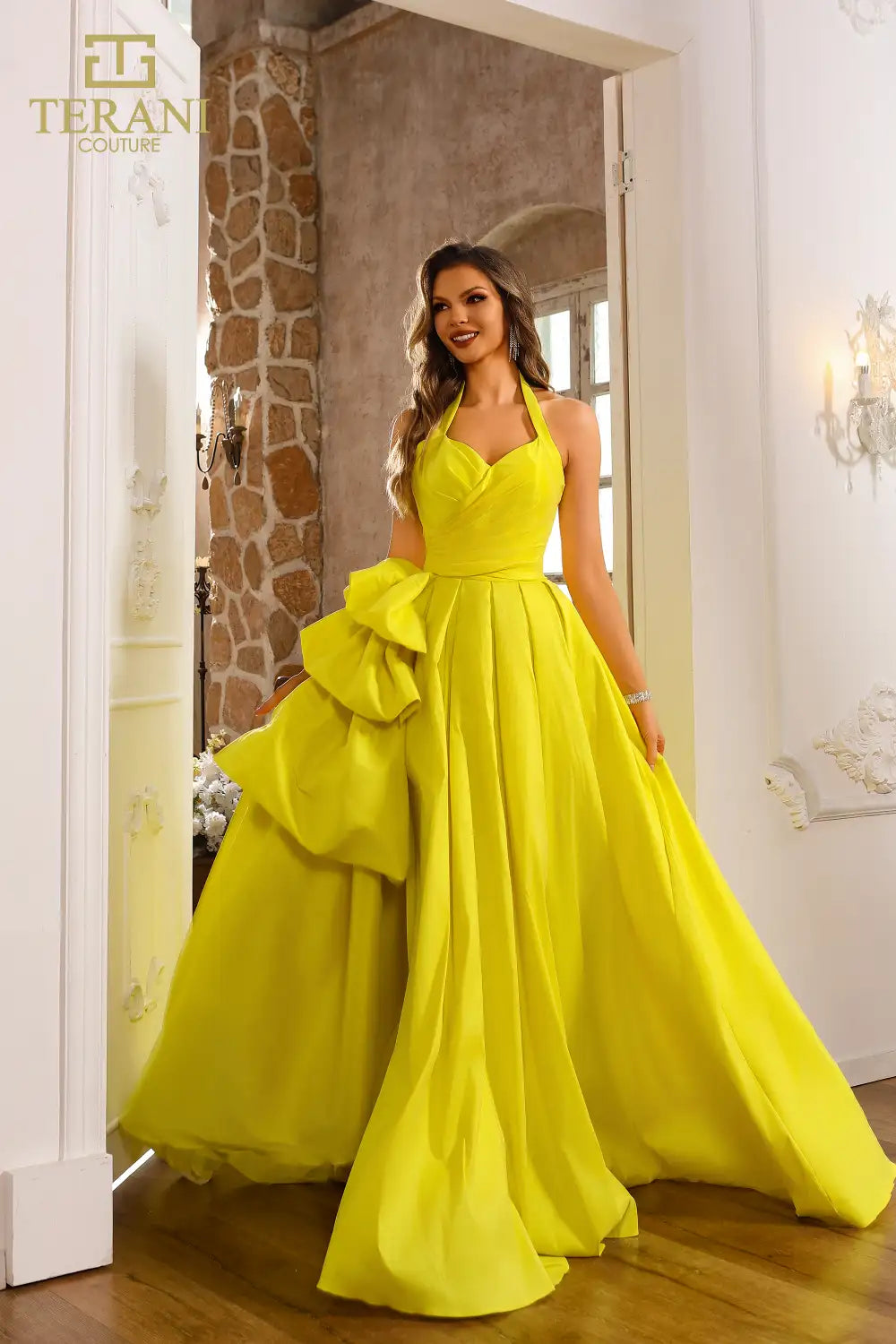 Prom Dresses Pleated Formal Long Ball Gown Slit Prom Dress Lemon