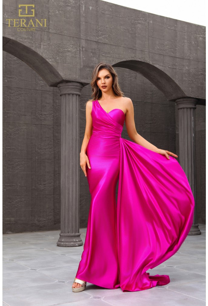 magenta satin dress V-Neck Rose Gown Fuschia / Large Simple yet elevated Mermaid Formal dress with slit