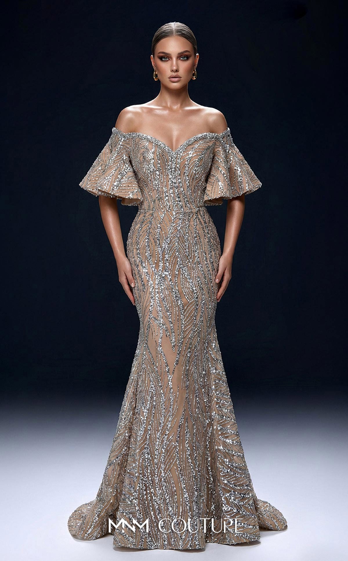 Off-the-Shoulder Floor-Length Sequin Evening Mermaid MNM Couture 2529A