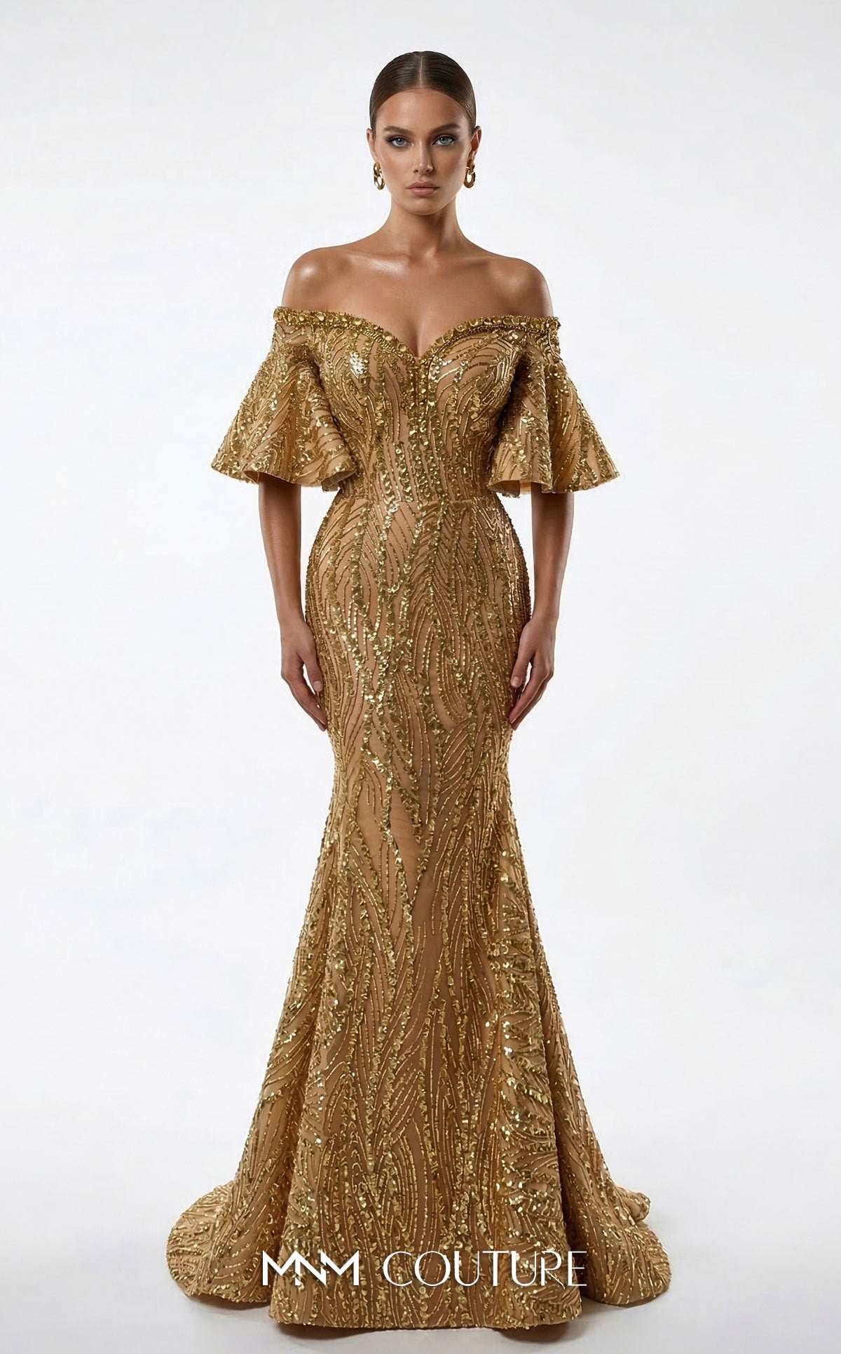 Off-the-Shoulder Floor-Length Sequin Evening Mermaid MNM Couture 2529A